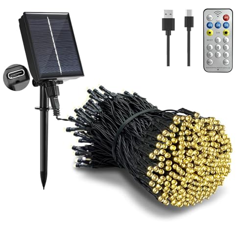 Tacobey Solar Lichterkette Außen Warmweiß -20M 200 LED Lichterkette Aussen Solar und USB Aufladbar mit Fernbedienung, 8 Mode, Wetterfest, für Outdoor Gartern Terrasse Balkon Deko von Tacobey