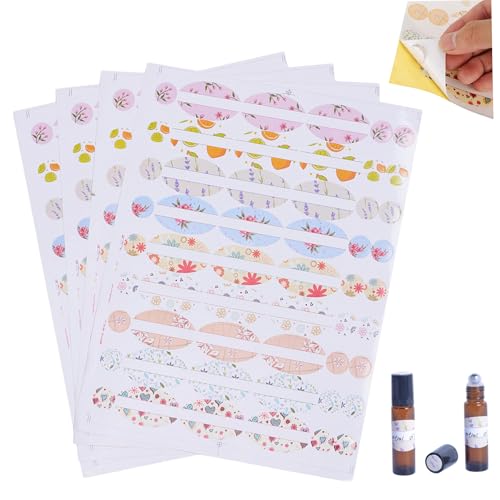 Allzweck-Etiketten, Etiketten mit ätherischen Öl, 4 Blätter PVC-Öl für Glasflaschen, farbenfrohe kosmetische selbstklebende Etikett, niedliches für Flaschen Essentielles für Flaschen von Tadoiooy