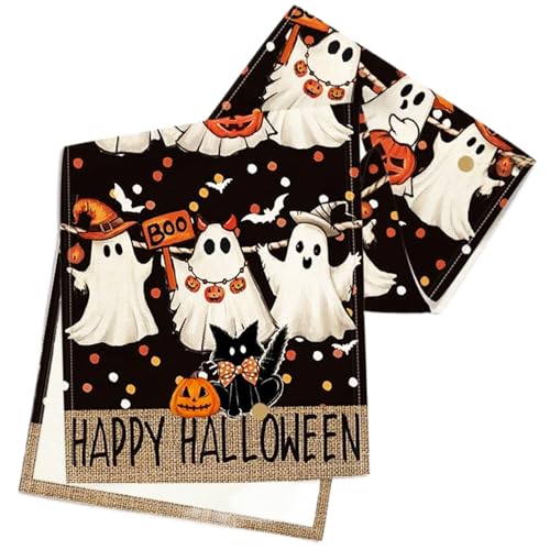 Tadoiooy Halloween-Dekor, Halloween Tischläufer 13x72 Tischdekor mit Ghost Jack-O'-Lantern Black Cat Print, wasserdicht und hitzebeständiger Läufer für die Küche Essdekoration von Tadoiooy