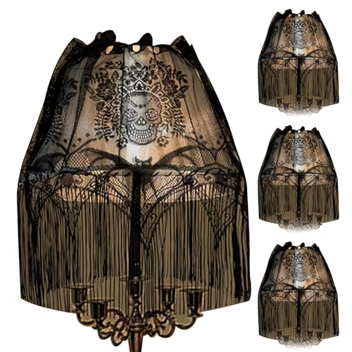 Lampenschirme, Halloween Lampen Schatten Cover 4pcs schwarzer Fledermaus Schädel Halloween Light Covers mit Quasten Spitzenlampenschatten Toper Fenstertür Mantel Schal für Halloween Party Dekor von Tadoiooy