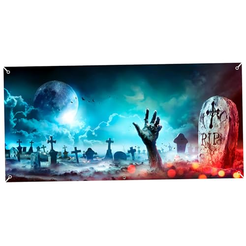 Tadoiooy Halloween Dekor, Halloween Kulisse 13.1x5, 9 ft hängende Polyester Garagentortür Cover schreckliche Friedhofstürabdeckung für Garagendekorationen Party Hintergrund Stil 2 von Tadoiooy