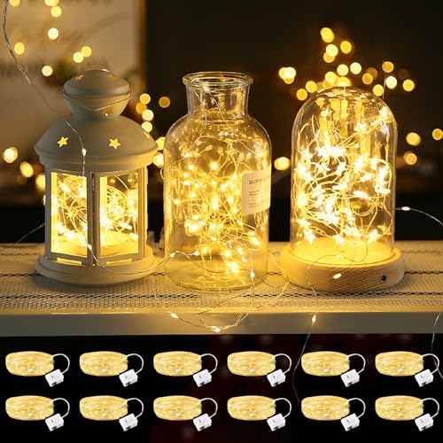 Taekooki 12 Stück LED Mini Lichterkette mit Batterie, 2M 20 LED Kupferdraht Lichterkette Innen, Lichterketten Weihnachten Batteriebetrieben Wasserdichte für Party Feste Hochzeit Deko, Warmweiß von Taekooki
