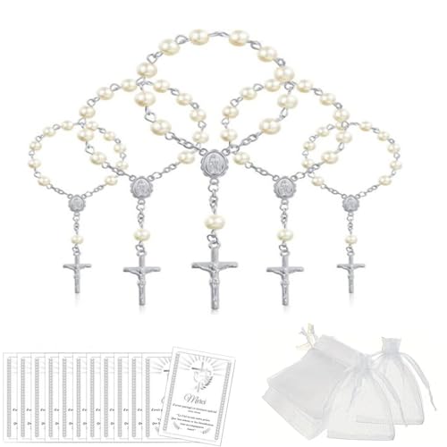 Taicols 12 Stück Rosenkranz aus Acryl mit Dankeskarten, Organzabeutel, ideal als Geschenk zur Taufe, Kommunion, Hochzeit, Kunstperlen, für Gäste, elegante Dekoration (Silber) von Taicols