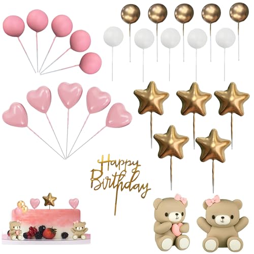 Taicols 28 Stück Tortendeko Kugeln, Teddybär Kuchen Deko, Deko Kugeln Torte, Baby Tortendeko, Happy Birthday Cake Topper DIY Tortendeko Hochzeit für Hochzeit Hochzeitstag Geburtstag Babypart (Rosa) von Taicols