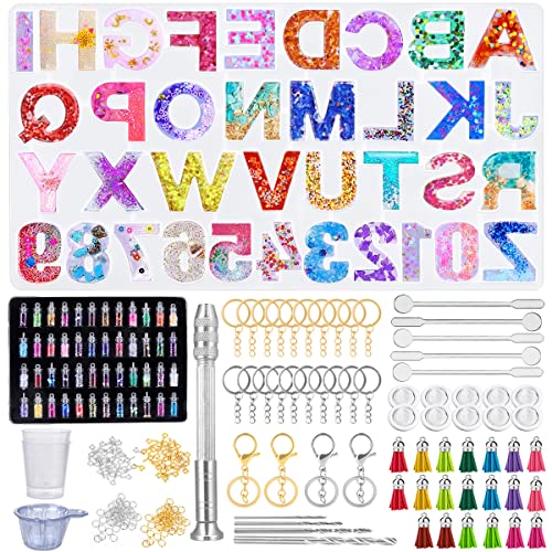 314 Stück Resin Silikonform Alphabet, Silikonformen Epoxidharz Set mit 48 Farben Pailletten und Werkzeuge, Buchstaben Epoxidharz Formen für Herstellung DIY Schmuck, Schlüsselbund, House Number von Tailcas