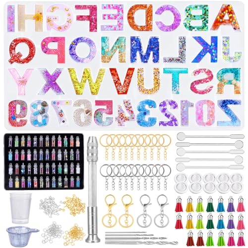 314 Stück Resin Silikonform Alphabet, Silikonformen Epoxidharz Set mit 48 Farben Pailletten und Werkzeuge, Buchstaben Epoxidharz Formen für Herstellung DIY Schmuck, Schlüsselbund, House Number von Tailcas