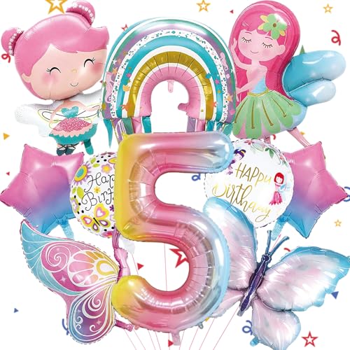 10 Stück 5 Jahre Bunt Schmetterling Luftballons Geburtstag Mädchen Schmetterlinge Folienballon Geburtstagsdeko Feen mit Band für Themen Party Festival Party Dekoration von TaimeiMao