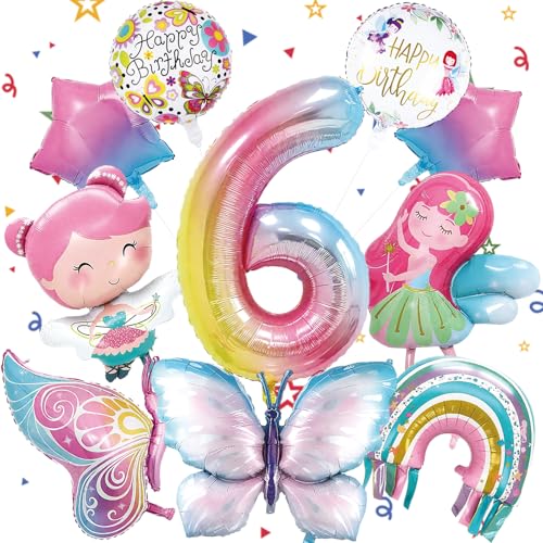10 Stück 6 Jahre Bunt Schmetterling Luftballons Geburtstag Mädchen Schmetterlinge Folienballon Geburtstagsdeko Feen mit Band für Themen Party Festival Party Dekoration von TaimeiMao