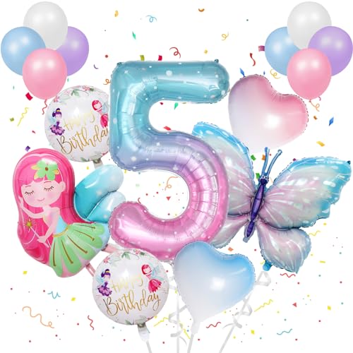 16 Stück 5 Jahre Bunt Schmetterling Luftballons Geburtstag Mädchen Schmetterlinge Folienballon Geburtstagsdeko Feen mit Band für Themen Party Festival Party Dekoration von TaimeiMao