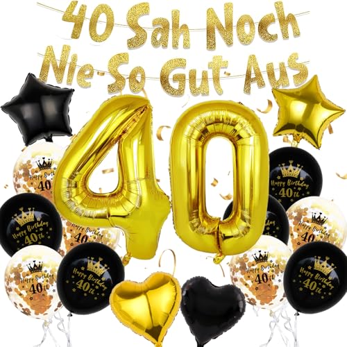 17 Stück Deko 40. Geburtstag Luftballons Schwarz Gold, 40 Geburtstag Frauen Männer, 40 SAH Noch Nie So Gut Aus, Folienballon Zahl 40, Partyzubehör zum 40. GeburtStag von TaimeiMao