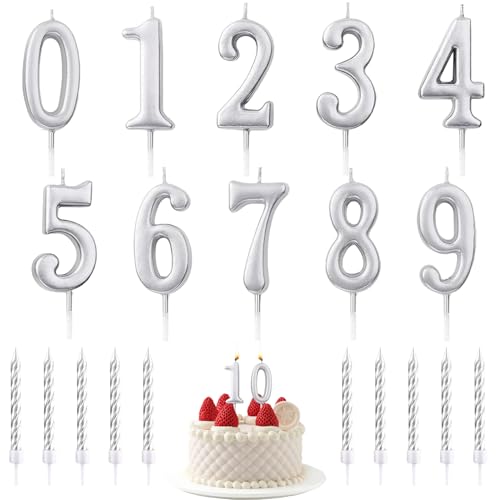 20 Stück Geburtstagskerzen,Nummer 0-9 Geburtstag Zahl Kerzen,10pcs Silber Spirale Kuchen Kerzen mit Halter,für Geburtstag Hochzeit Party Kuchen Dekorationen（Silber） von TaimeiMao