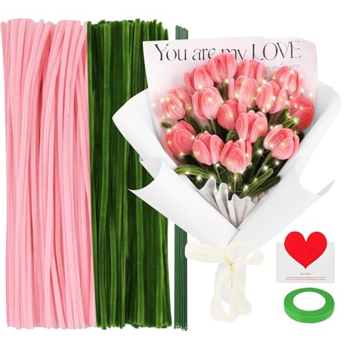 200 Stück Rosa Tulpe Pfeifenreiniger Blumen Zum Basteln Set Pfeifenputzer Blumenstrauß Pipe Cleaner Blumen Bastelset mit Blumenpapier Klebeband Geschenkband Lichterkette Karte für Blumenstrauß DIY von TaimeiMao
