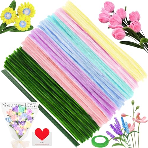 200 Stück Tulpe Pfeifenreiniger Blumen Zum Basteln Set Pfeifenputzer Blumenstrauß Bunt Tulpen Pipe Cleaner Blumen Bastelset mit Blumenpapier Klebeband Geschenkband Lichterkette Karte(Farbe) von TaimeiMao