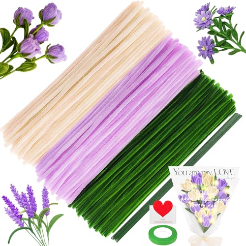 200 Stück Tulpe Pfeifenreiniger Blumen Zum Basteln Set Pfeifenputzer Blumenstrauß Lila und Weiße Pipe Cleaner Blumen Bastelset mit Blumenpapier Klebeband Geschenkband Lichterkette Karte(Lila Weiß) von TaimeiMao