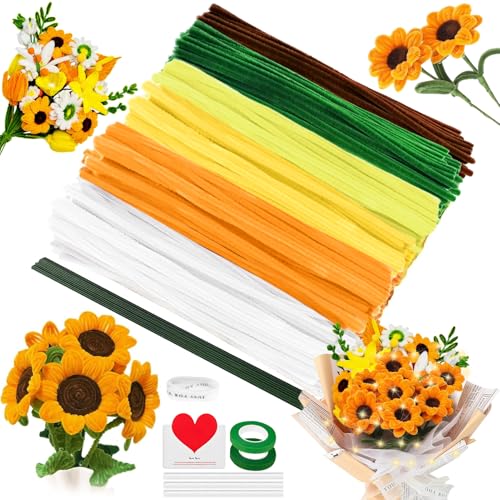 201 Stück Sonnenblumen Pfeifenreiniger Blumen Zum Basteln Set Pfeifenputzer Blumenstrauß Pipe Cleaner Blumen Bastelset mit Blumenpapier Klebeband Geschenkband Lichterkette Klebestifte Karte von TaimeiMao