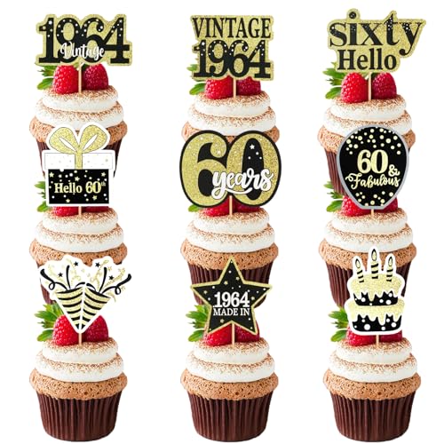 45 Stück Tortendeko 60 Geburtstag Männer Frauen, 60 Geburtstag Cupcake Topper, Hello 60 Tortendeko, 1964 Cupcake Toppers, 60th Kuchen Topper, 1964 Geburtstag Tischdeko für Frau Mann von TaimeiMao