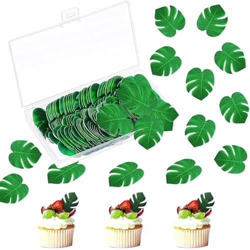 72 Stück Tortendeko Essbar,Dschungel Tortendeko,Oblatenpapier Palmblatt-Kuchen-Deckel,Essbare Tropische Schildkrötenblätter Cupcake Topper,Tropische Palmenblätter für Hawaiianische Party von TaimeiMao