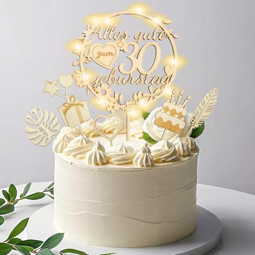 8 Stück Holz Happy Birthday Tortendeko Mit Led Lichterkette 30 Jahre Kuchendeko Geburtstag Happy Birthday Cake Topper Kuchendekoration Für Frauen Mann 30. Geburtstag Dekoration von TaimeiMao