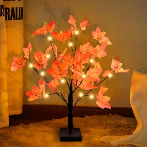 Ahornblatt Baum Licht mit 24 LEDs, 60CM Schreibtisch Ahorn-Blätter Baumlicht, Herbstdeko Blätter Lichterketten Warmweiß, LED Lichterbaum für Halloween Erntedankfest Weihnachten Party von TaimeiMao