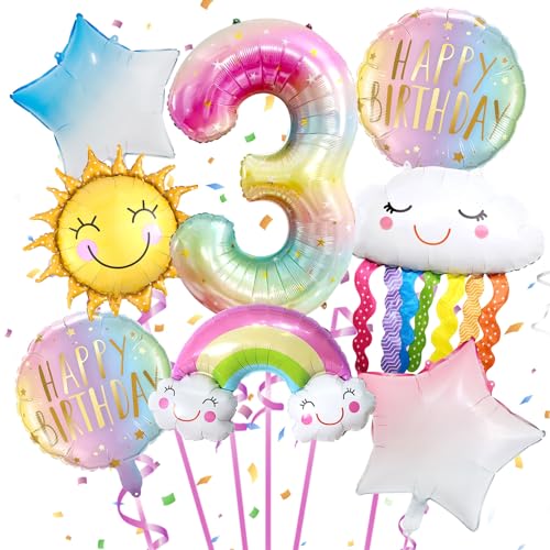 Regenbogen Geburtstagsdeko 3 Jahre 8 Stück, Folienballon 3 Regenbogen, Luftballon Regenbogen, Regenbogen Folienballon Party Deko, Geburtstagsdeko 3 Jahre Mädchen von TaimeiMao