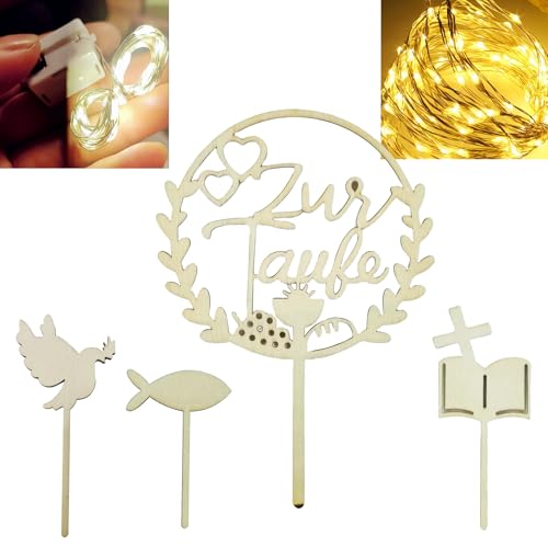 Cake Topper Taufe, 4 Stück Holz Tortendeko Taufe mit LED Lichterkette, Tortendeko Mädchen Junge Cake Topper Taufe, 4 Stück Holz Tortendeko Taufe mit LED Lichterkette, Tortendeko Mädchen Junge von TaimeiMao
