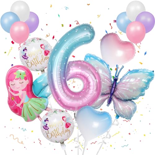 16 Stück 6 Jahre Bunt Schmetterling Luftballons Geburtstag Mädchen Schmetterlinge Folienballon Geburtstagsdeko Feen mit Band für Themen Party Festival Party Dekoration von TaimeiMao