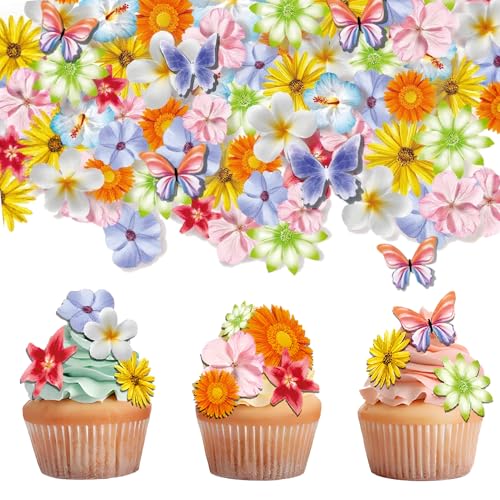 60 Stück Essbare Blumen für Torte, Tortendeko Schmetterlinge Gänseblümchen Kirschblüte Essbare Blüten Kuchen Deko, Esspapier Schmetterling Blumen Cupcake Toppers für Hochzeit Geburtstag Taufe von TaimeiMao