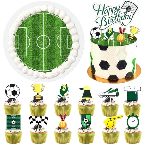 Essbare Tortendeko für Kinder, Tortendeko Fussball Essbar, Fußball Essbarer Tortenaufleger, Fußball-Cupcake topper als Geburtstagsdeko,Essbare Tortenaufleger,Esspapier Tortendeko von TaimeiMao