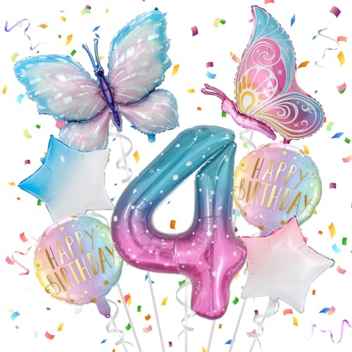 4 Jahre Schmetterling Geburtstag Deko, Schmetterling Folienballon 4 Jahre, Bunt Schmetterlinge Geburtstagsdeko, Geburtstagsdeko Rosa, für 4. Geburtstag Mädchen Deko von TaimeiMao