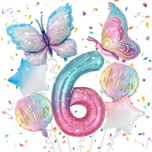 TaimeiMao 6 Jahre Schmetterling Geburtstag Deko, Schmetterling Folienballon 6 Jahre, Bunt Schmetterlinge Geburtstagsdeko, Geburtstagsdeko Rosa, für 6. Geburtstag Mädchen Deko von TaimeiMao