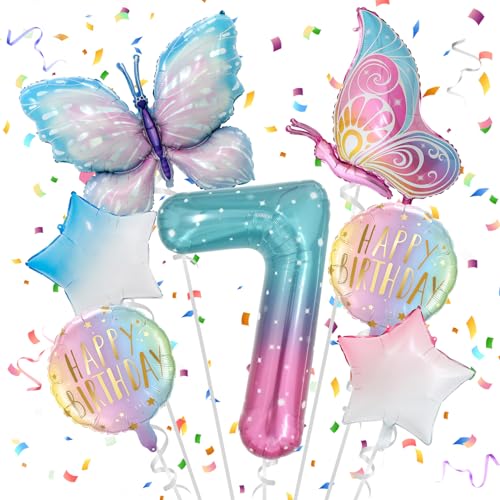 TaimeiMao 7 Jahre Schmetterling Geburtstag Deko, Schmetterling Folienballon 7 Jahre, Bunt Schmetterlinge Geburtstagsdeko, Geburtstagsdeko Rosa, für 7. Geburtstag Mädchen Deko von TaimeiMao
