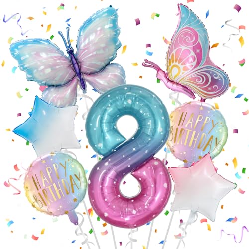 8 Jahre Schmetterling Geburtstag Deko, Schmetterling Folienballon 8 Jahre, Bunt Schmetterlinge Geburtstagsdeko, Geburtstagsdeko Rosa, für 8. Geburtstag Mädchen Deko von TaimeiMao