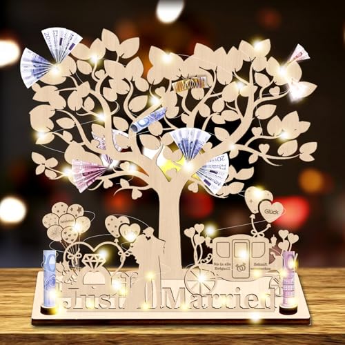 Geldgeschenk Hochzeit Holz,Hochzeitsgeschenke für Brautpaar,Geldbaum Hochzeit Geldgeschenke mit LED Lichterkette,Hochzeitsgeschenke Lebensbaum,Hochzeitsgeschenk Geld,Geldgeschenk Just Married von TaimeiMao
