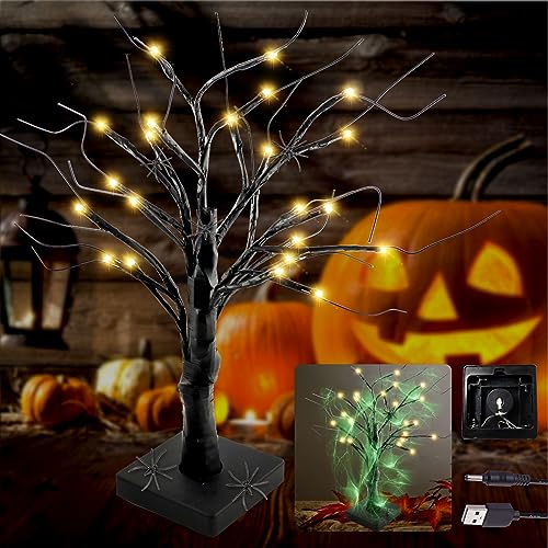 Halloween Deko LED Baum Licht, 24 Warmes Gelbes LEDs,USB Betrieben,mit Leuchtende Spinnennetz,2 Schwarz Spinnen,Halloween Dekorationen Schwarz Gruselbaum Lichterketten (Halloween) von TaimeiMao