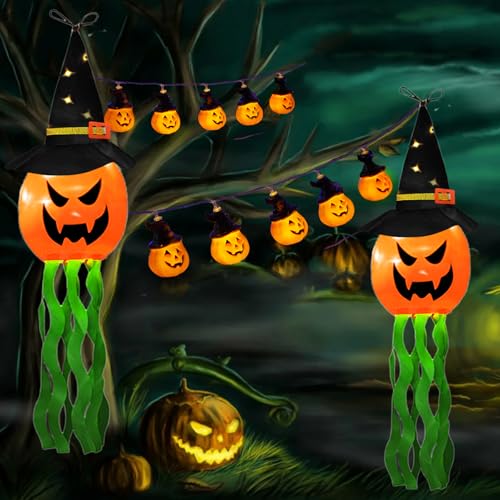 Halloween Kürbis Lichterkette, Windsack Deko Outdoor Kürbisse Geister Lichter Warmes Gelb mit 1.5 m 10 LED Kürbislichterkette für Halloween Party Dekor,Vorgarten,Garten von TaimeiMao