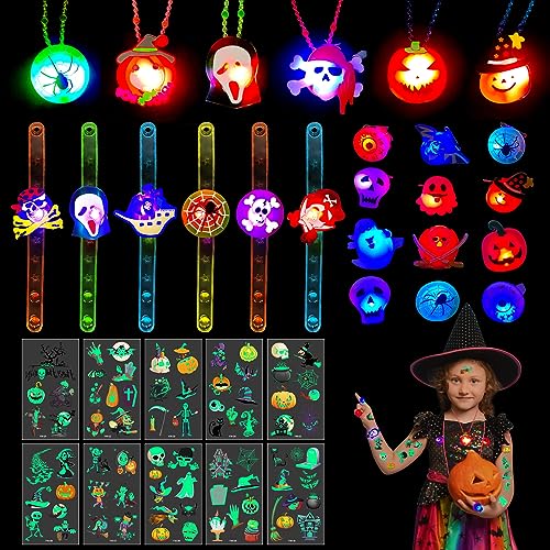 Halloween Party Favors für Kinder,34 Stück LED Leuchtspielzeug Partyartikel,6 Halskette+6 Abzeichen+6 Ring+6 Armbänder+10 Leuchtende Tattoos (A) von TaimeiMao