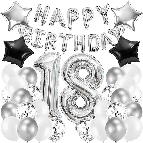 Luftballon 18. Geburtstag Schwarz Silber,18 Geburtstag Deko,18.Geburtstag Junge,Geburtstagsdeko Zahlen 18 Jahre ​Luftballons Silber folienluftballon,mit 1 Happy Birthday Banner von TaimeiMao