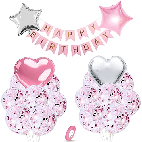 TaimeiMao 18 Stück Geburtstag Luftballons Set,mit 12 Rosa Latex Ballon + 2 Herzförmige Folienballons+2 Stern-Folienballons+ Happy Birthday Banner TaimeiMao 18 Stück Geburtstag Luftballons Set,mit 12 Rosa Latex Ballon + 2 Herzförmige Folienballons+2 Stern-Folienballons+ Happy Birthday Banner von TaimeiMao
