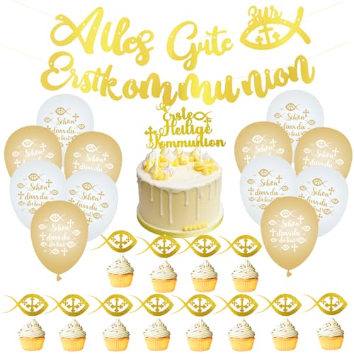 25 pcs Kommunion Deko,mit 12 Kommunion deko luftballons,1 Girlande konfirmation,13 Kommunion Cake Topper,Taufe deko,Erstkommunion deko,Taufe Konfirmation,Kommunion Deko,Mädchen Junge Taufedeko(Golden) von TaimeiMao