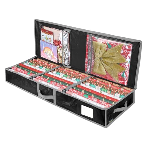 Tainrunse Staubfeuchtigkeitsbeständige Geschenkpapier-Box, Geschenkpapierhalter, Weihnachts-Aufbewahrungstasche mit flexiblen Trennwänden, große Kapazität, langlebiger Griff, Pe, Schwarz von Tainrunse