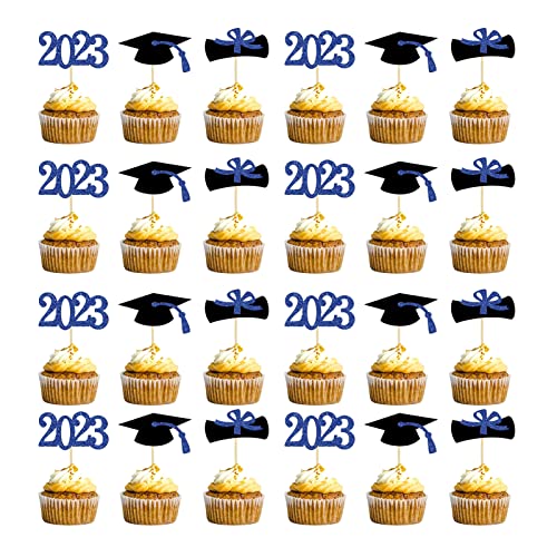 Tainrunse Tortenaufsätze, 24 Stück, zum Dekorieren von 2023 Diplom, Congrats, Cupcake-Einsätze, Schönheitsblau von Tainrunse