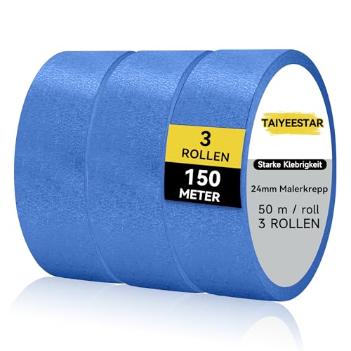 Taiyeestar 3 Rollen Malerkrepp 24mm x 50m, Klebeband Malerarbeiten und Renovierungen, Kreppband Malerband, Abklebeband Maler, Malerklebeband, Painters Tape Selbstklebend, Blau von Taiyeestar