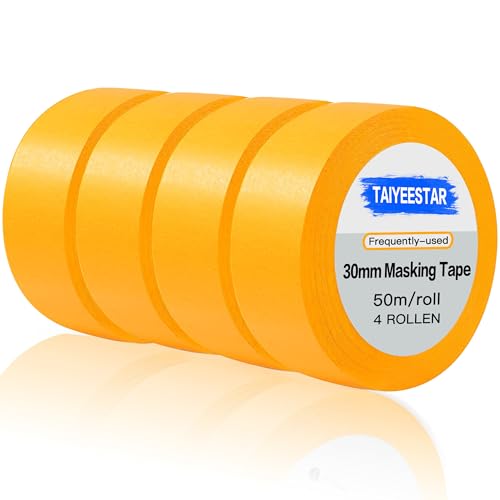 Taiyeestar 4 Rollen Malerkrepp 30mm x 50m, Goldband Klebeband Malerarbeiten, Kreppband Malerband, Abklebeband Maler, Malerklebeband, Painters Tape Selbstklebend von Taiyeestar