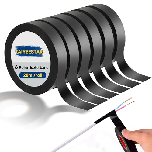 Taiyeestar 6 Rollen Isolierband à 20 m, Isolierband Schwarz Wasserdicht, Klebeband Schwarz, Electrical Tape zum Schutz, Bündeln und Reparieren von Kabeln, 20mm x 20 m von Taiyeestar