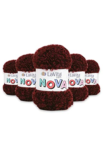 LaVita Garn NOVA Chunky Soft Boucle Handstrickgarn, 5 Stück, %20 Polyester, %80 Premium Acryl, 1 Knäuel 100 g, 100 m Taka Garn (LN3201-Burgundy) von Taka Fabrics