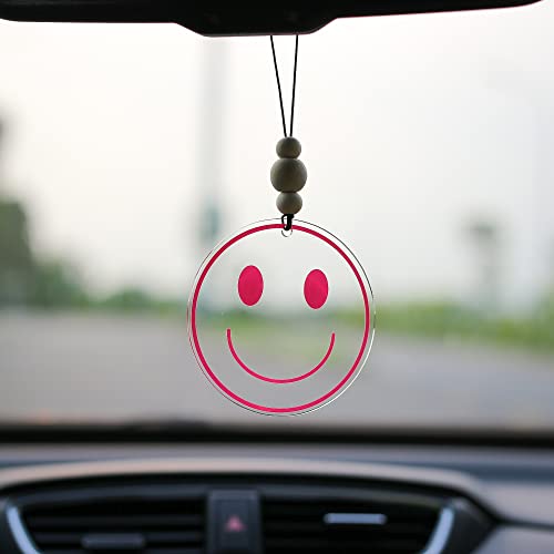 Talataca Smiley-Gesicht 2D flaches Auto Ornament & Holzperlen, rosa Happy Face Perlen Rückspiegel Zubehör Rückspiegel hängende Charme Weihnachtsbaum Dekor von Talataca