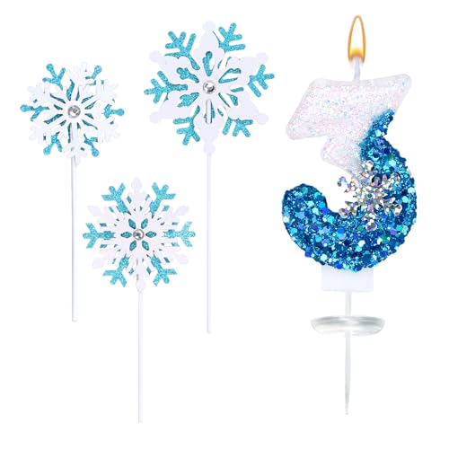 Geburtstagskerzen Zahlen 3, Schneeflocken Kerze 3 Geburtstag, 4 Stück 3D Weiß Blau Zahl Kuchendeko Dekoration mit Funkeln Schneeflocken-Kucheneinsätze, Tortendeko für Geburtstagsdeko Geburtstagskerzen Zahlen 3, Schneeflocken Kerze 3 Geburtstag, 4 Stück 3D Weiß Blau Zahl Kuchendeko Dekoration mit Funkeln Schneeflocken-Kucheneinsätze, Tortendeko für Geburtstagsdeko von TaleMoon