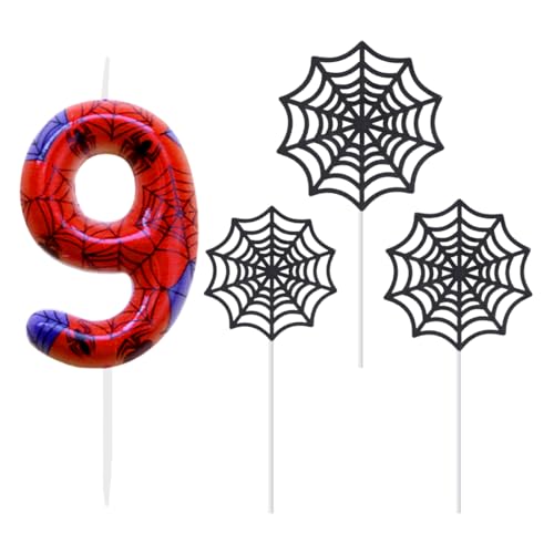 Geburtstagskerzen Zahlen 9, Birthday Candles Set, Kerze 9 Geburtstag Junge, Blau Rot Kerzen mit Spinnennetz, Tortendeko Geburtstag, Kuchendeko, Spinne Thema Geburtstagskerzen für Geburtstagsdeko von TaleMoon