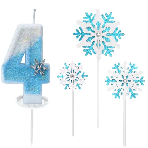 Glitzernde Zahlenkerze 4 mit Schneeflocken-Deko –Geburtstagskerze für Mädchen, Kerze 4 Geburtstag Kinder, Kerzen für Kuchen, Blau-weißer 3D-Glitzer & Tropfschutz Glitzernde Zahlenkerze 4 mit Schneeflocken-Deko –Geburtstagskerze für Mädchen, Kerze 4 Geburtstag Kinder, Kerzen für Kuchen, Blau-weißer 3D-Glitzer & Tropfschutz von TaleMoon