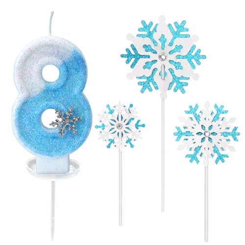 Glitzernde Zahlenkerze 8 mit Schneeflocken-Deko –Geburtstagskerze für Mädchen, Kerze 8 Geburtstag Kinder, Kerzen für Kuchen, Blau-weißer 3D-Glitzer & Tropfschutz Glitzernde Zahlenkerze 8 mit Schneeflocken-Deko –Geburtstagskerze für Mädchen, Kerze 8 Geburtstag Kinder, Kerzen für Kuchen, Blau-weißer 3D-Glitzer & Tropfschutz von TaleMoon